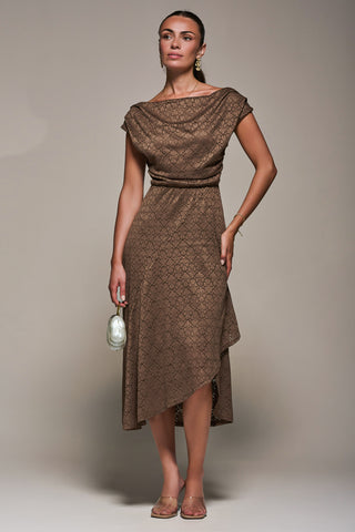 Textured Asymmetrical Draped Midaxi Dress, Brown
