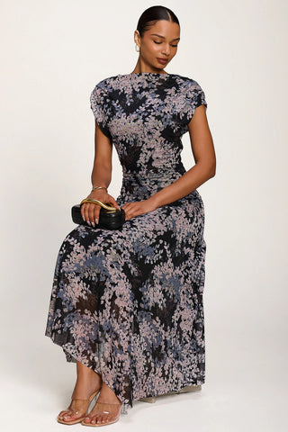 Asymmetrical Draped Slash Neck Midaxi Dress, Black Abstract