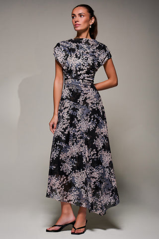 Asymmetrical Draped Slash Neck Midaxi Dress, Black Abstract