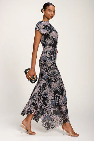 Asymmetrical Draped Slash Neck Midaxi Dress, Black Abstract