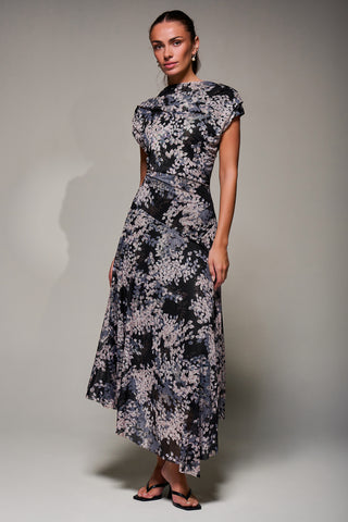 Asymmetrical Draped Slash Neck Midaxi Dress, Black Abstract