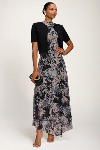 Asymmetrical Draped Slash Neck Midaxi Dress, Black Abstract
