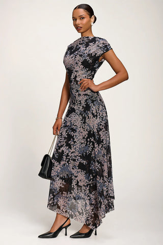 Asymmetrical Draped Slash Neck Midaxi Dress, Black Abstract