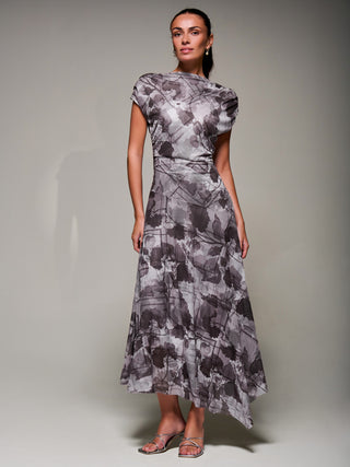 Asymmetrical Draped Slash Neck Midaxi Dress, Grey Abstract