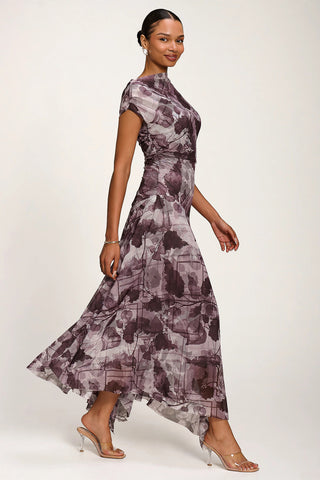 Asymmetrical Draped Slash Neck Midaxi Dress, Grey Abstract