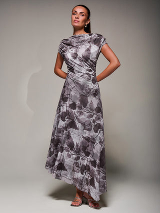 Asymmetrical Draped Slash Neck Midaxi Dress, Grey Abstract