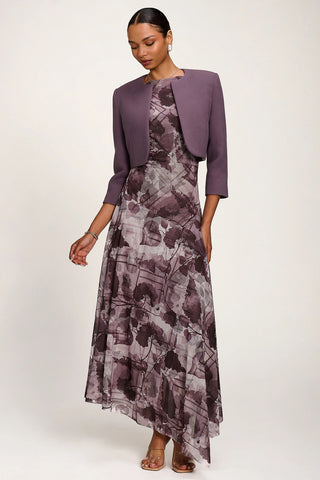 Asymmetrical Draped Slash Neck Midaxi Dress, Grey Abstract