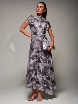 Asymmetrical Draped Slash Neck Midaxi Dress, Grey Abstract