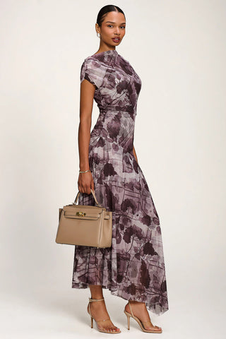Asymmetrical Draped Slash Neck Midaxi Dress, Grey Abstract