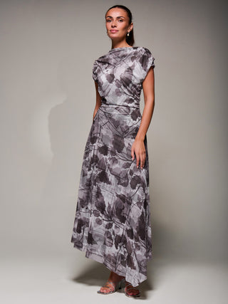 Asymmetrical Draped Slash Neck Midaxi Dress, Grey Abstract