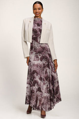 Asymmetrical Draped Slash Neck Midaxi Dress, Grey Abstract