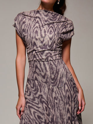 Asymmetrical Draped Slash Neck Midaxi Dress, Purple Abstract