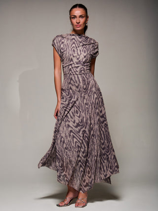 Asymmetrical Draped Slash Neck Midaxi Dress, Purple Abstract