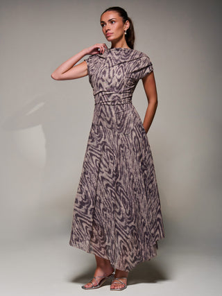Asymmetrical Draped Slash Neck Midaxi Dress, Purple Abstract