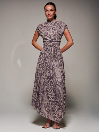 Asymmetrical Draped Slash Neck Midaxi Dress, Purple Abstract