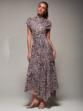 Asymmetrical Draped Slash Neck Midaxi Dress, Purple Abstract