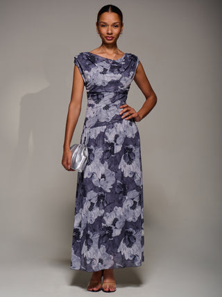 Asymmetric Draped Mesh Maxi Dress, Black Abstract