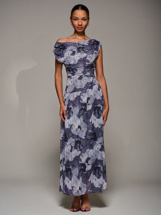 Asymmetric Draped Mesh Maxi Dress, Black Abstract