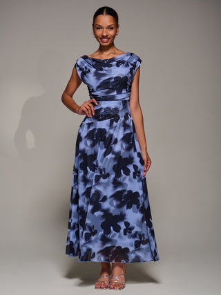 Asymmetric Draped Mesh Maxi Dress, Blue Abstract