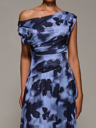 Asymmetric Draped Mesh Maxi Dress, Blue Abstract