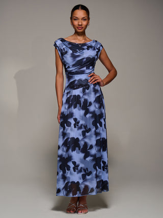 Asymmetric Draped Mesh Maxi Dress, Blue Abstract