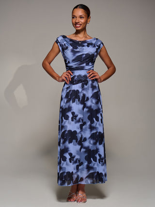 Asymmetric Draped Mesh Maxi Dress, Blue Abstract