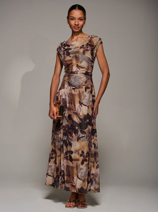 Asymmetric Draped Mesh Maxi Dress, Brown Abstract