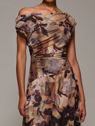 Asymmetric Draped Mesh Maxi Dress, Brown Abstract