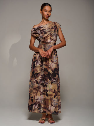 Asymmetric Draped Mesh Maxi Dress, Brown Abstract
