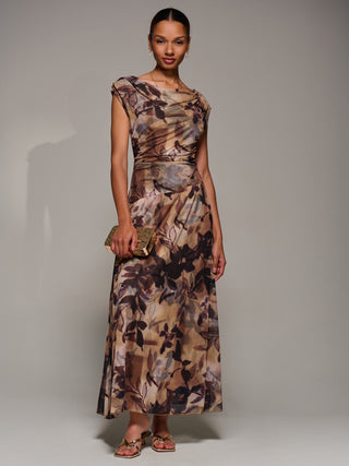 Asymmetric Draped Mesh Maxi Dress, Brown Abstract