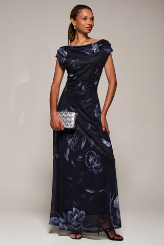 Asymmetric Neck Mesh Maxi Dress, Black Floral