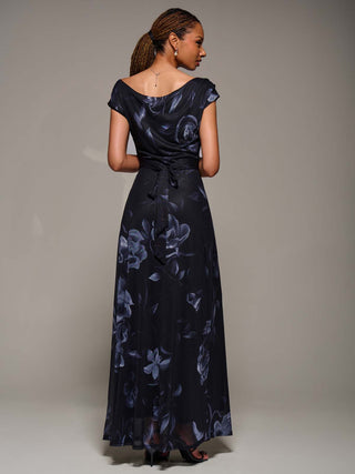 Asymmetric Neck Mesh Maxi Dress, Black Floral