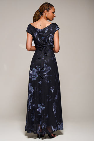 Asymmetric Neck Mesh Maxi Dress, Black Floral