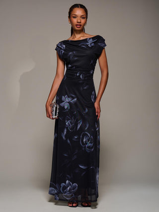 Asymmetric Neck Mesh Maxi Dress, Black Floral