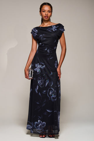 Asymmetric Neck Mesh Maxi Dress, Black Floral