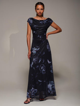 Asymmetric Neck Mesh Maxi Dress, Black Floral