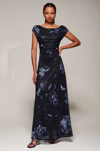 Asymmetric Neck Mesh Maxi Dress, Black Floral