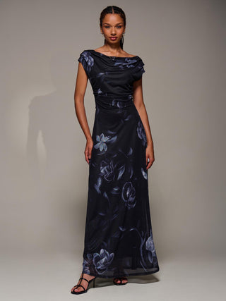 Asymmetric Neck Mesh Maxi Dress, Black Floral