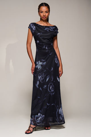 Asymmetric Neck Mesh Maxi Dress, Black Floral