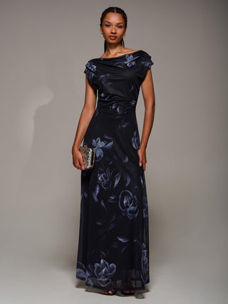 Asymmetric Neck Mesh Maxi Dress, Black Floral