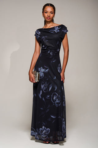 Asymmetric Neck Mesh Maxi Dress, Black Floral