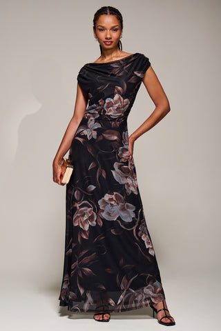 Asymmetric Neck Mesh Maxi Dress, Brown Floral