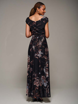 Asymmetric Neck Mesh Maxi Dress, Brown Floral