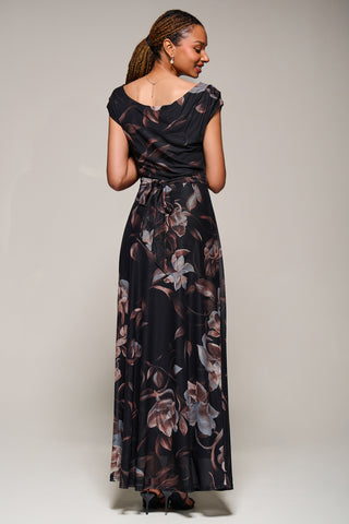 Asymmetric Neck Mesh Maxi Dress, Brown Floral