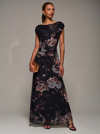 Asymmetric Neck Mesh Maxi Dress, Brown Floral