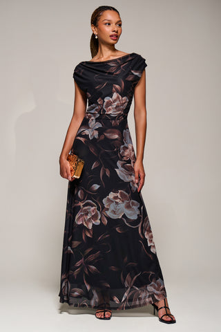 Asymmetric Neck Mesh Maxi Dress, Brown Floral
