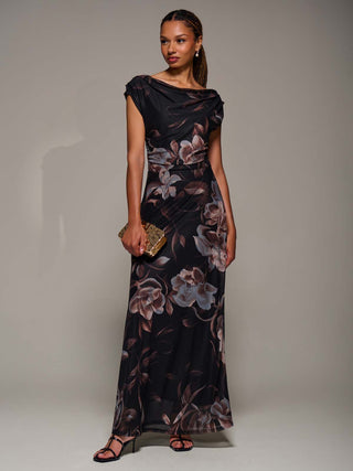 Asymmetric Neck Mesh Maxi Dress, Brown Floral
