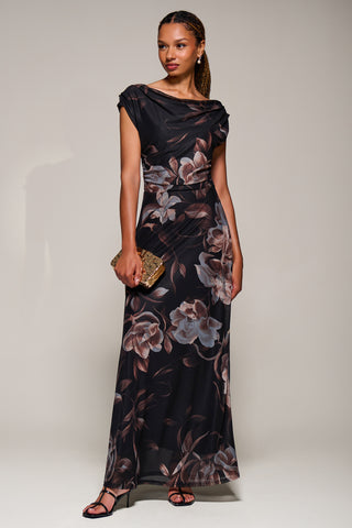 Asymmetric Neck Mesh Maxi Dress, Brown Floral