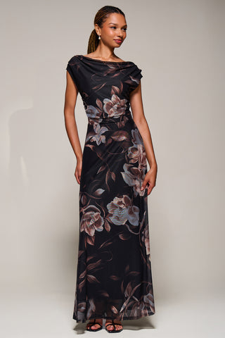 Asymmetric Neck Mesh Maxi Dress, Brown Floral