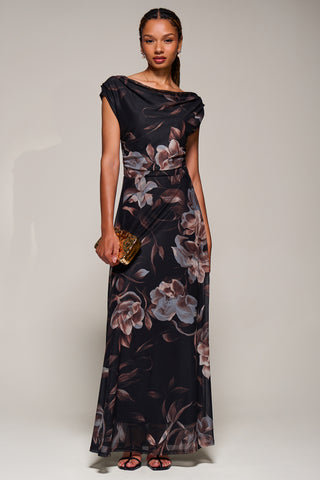 Asymmetric Neck Mesh Maxi Dress, Brown Floral
